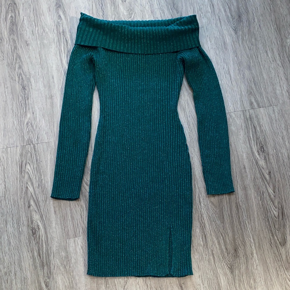 Madden Girl Green Off-Shoulder Sweater Dress